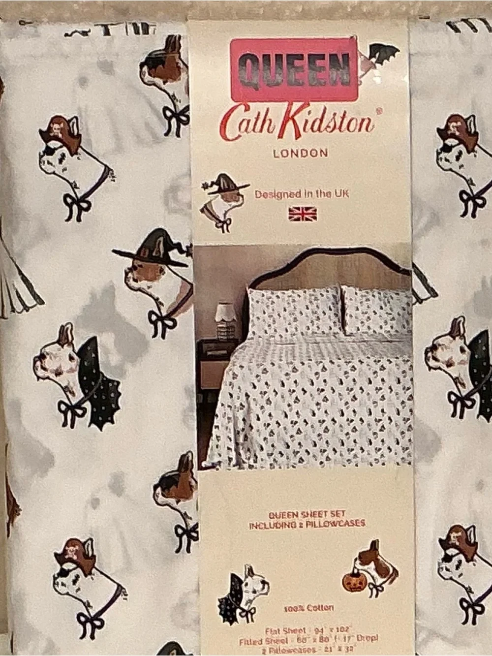 Cath Kidston White Spooky Dogs Halloween Dog Print Queen Sheet Set